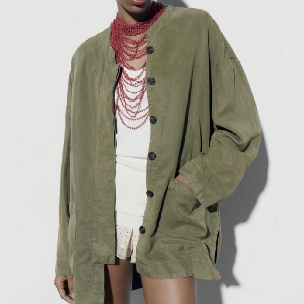 Zara Linen blend Jacket with Pockets Khaki, Medium, Like New